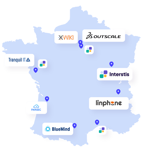 Carte du consortium Tranquil IT Xwiki Interstis Belledonne Bluemind Parsec 3dsoutscale Cart france 