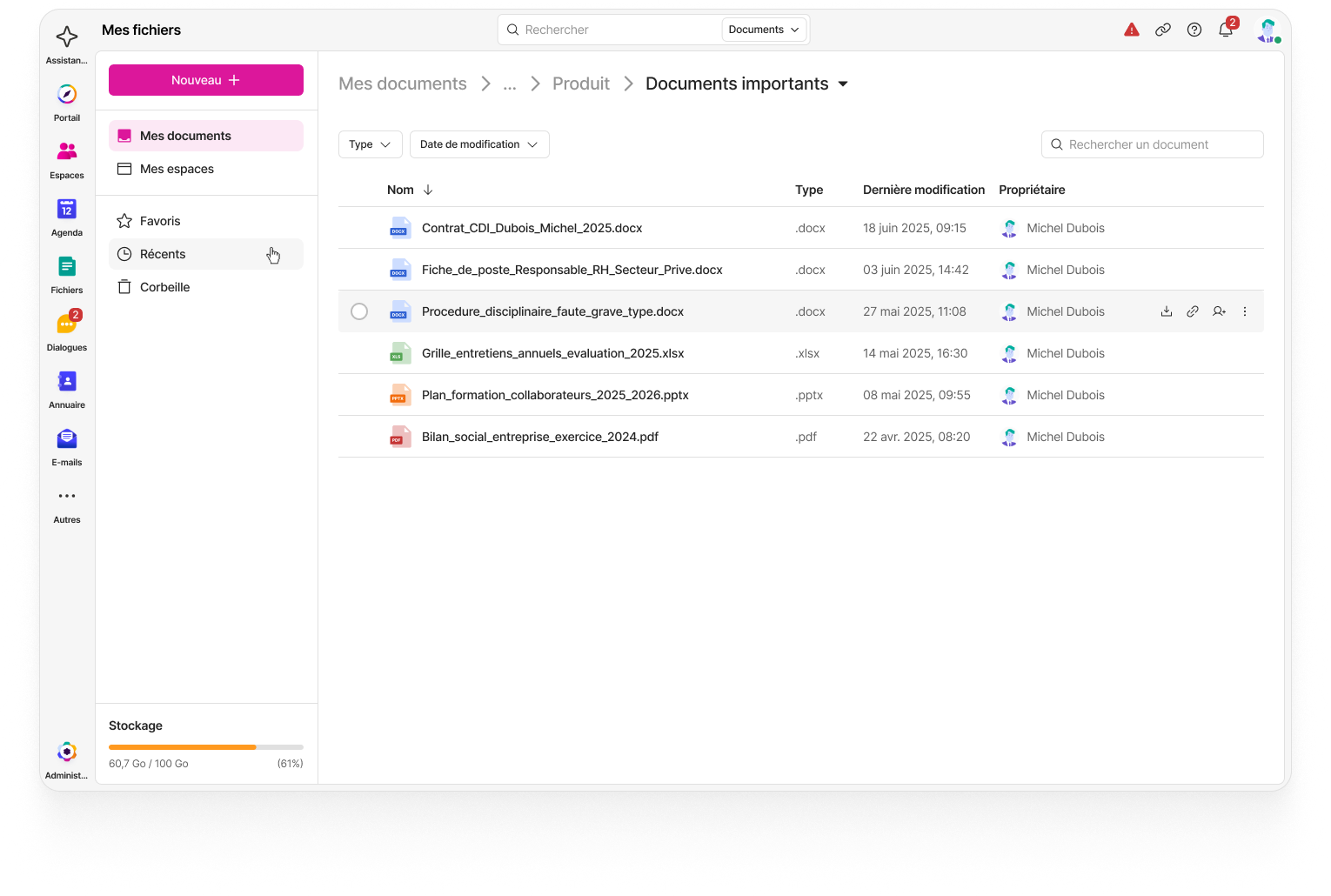 Interface de l'application Mes fichiers