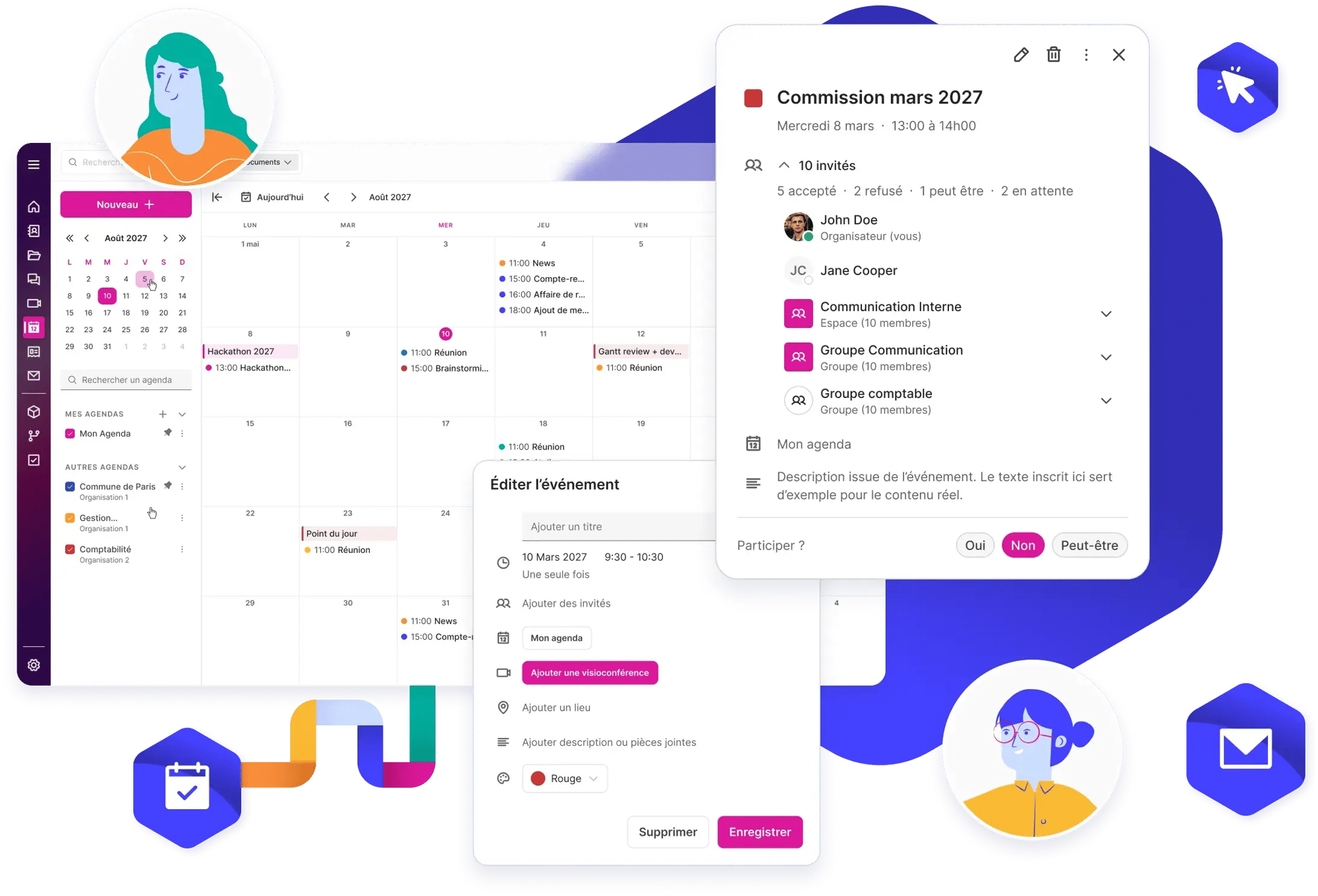 Interface de l'agenda et volet de l'événement