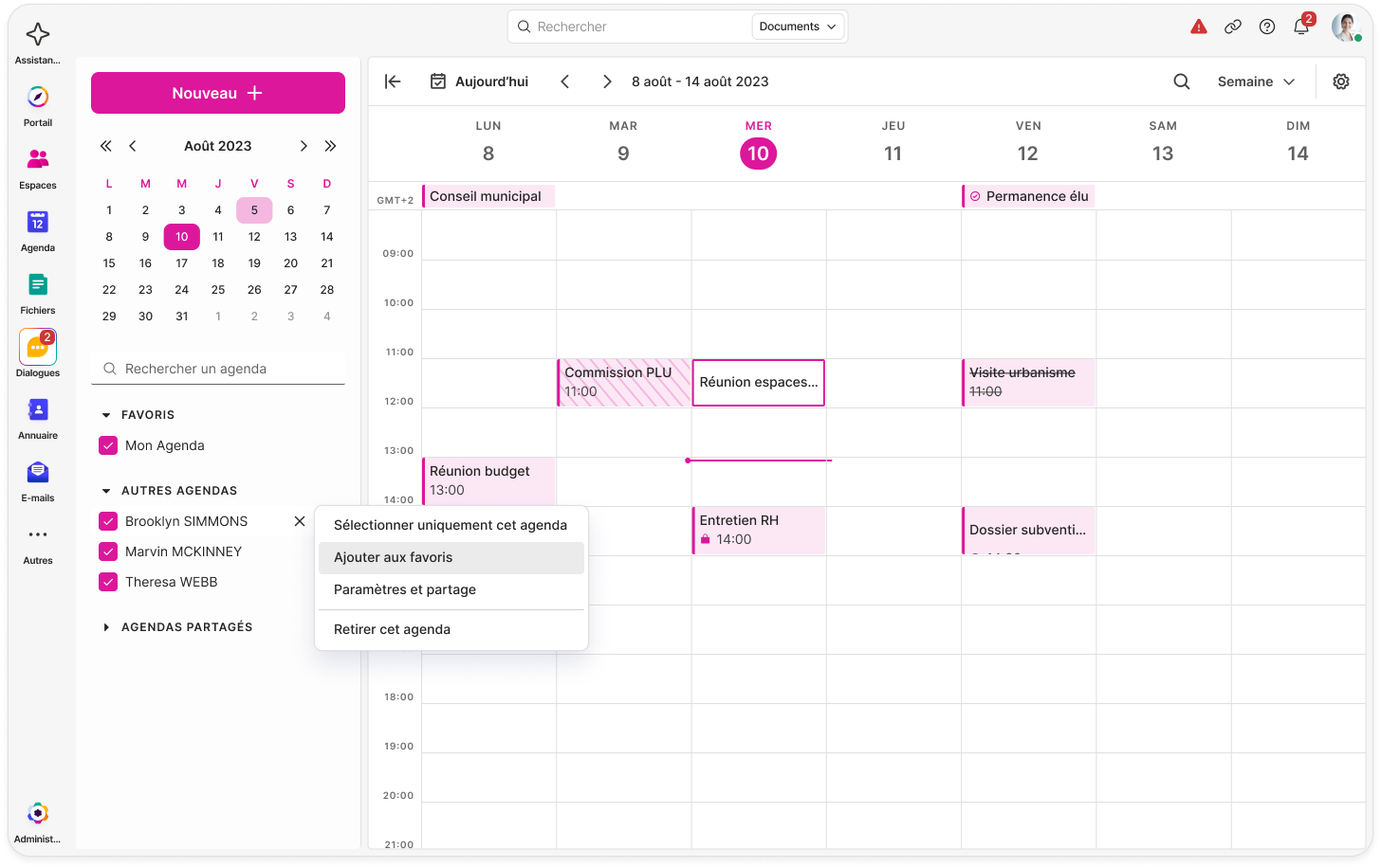 Interface de l'application Mon agenda