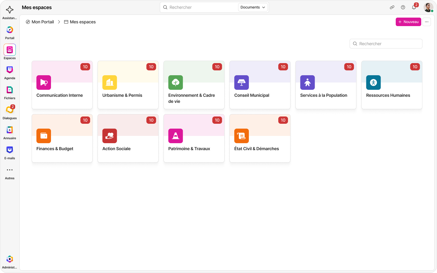 Interface de l'outil Mes espaces