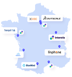 Carte du consortium Tranquil IT Xwiki Interstis Belledonne Bluemind Parsec 3dsoutscale Cart france